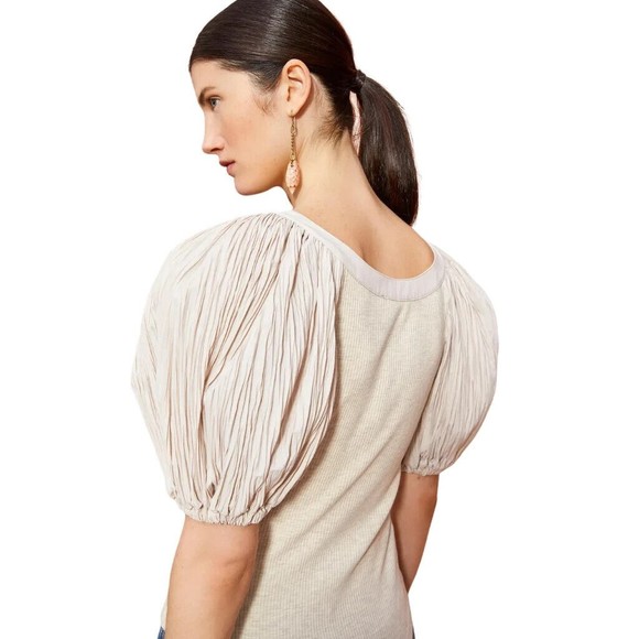 NWT ULLA JOHNSON Marika Puff Sleeve Top Size Large Beige Cobblestone Cream - Picture 2 of 2